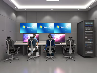 Professional Control Room With Operators Multiple Windows Monitors And Server Cabinet 3d model