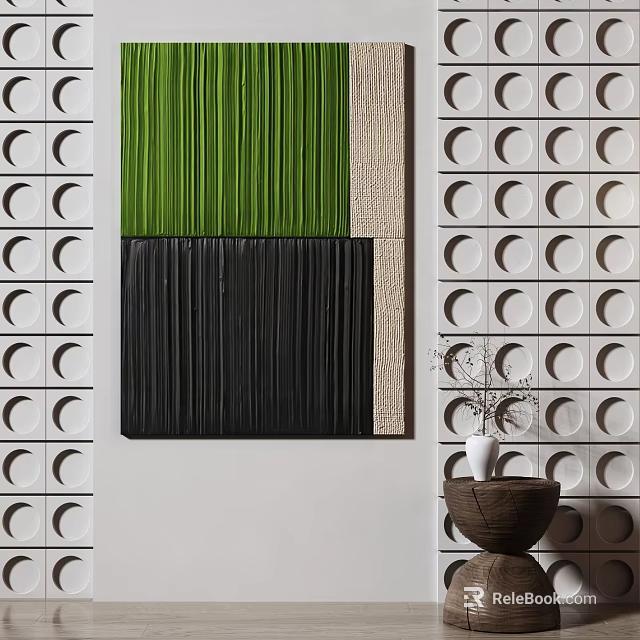 Stylish Wall Decoration With Green Black Stripes Circular Patterns And Vase Basket 3d model