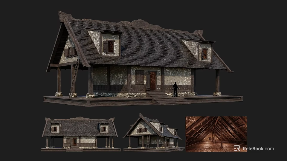 Ancient Traditional Building With Wooden Roof Structure Stone Foundation And Carved Window Designs 3d model 