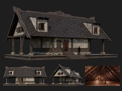 Ancient Traditional Building With Wooden Roof Structure Stone Foundation And Carved Window Designs 3d model