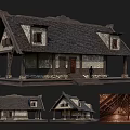 Ancient Traditional Building With Wooden Roof Structure Stone Foundation And Carved Window Designs