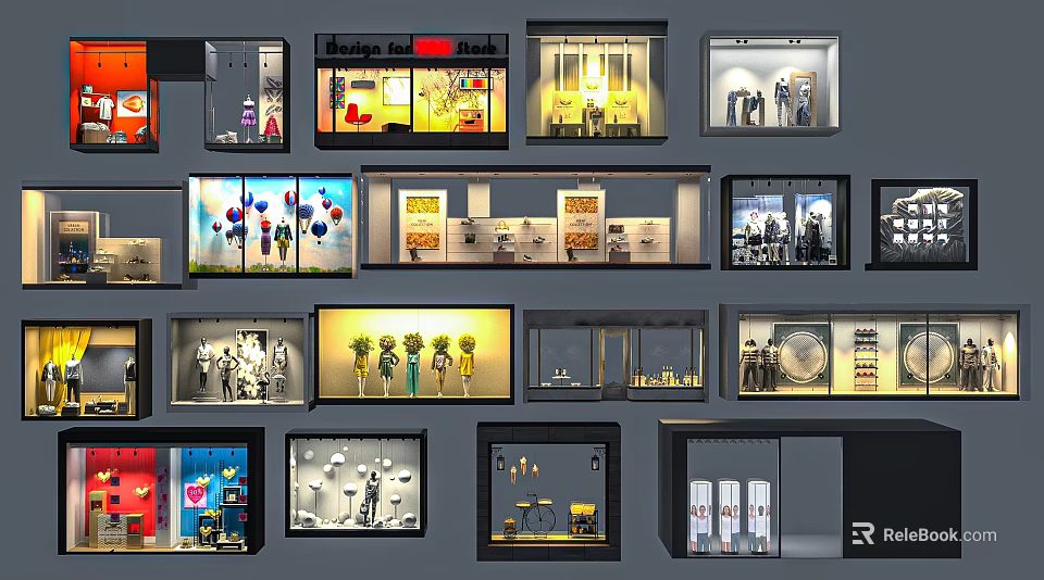 Stylish Shop Window Displays For Retail Stores With Clothing Home Decor And Accessories 3d model 