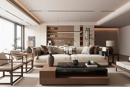 New Chinese Style Living Room Horizontal Hall Living Room Large Apartment Living Room Sofa Coffee Table Combination 3d model