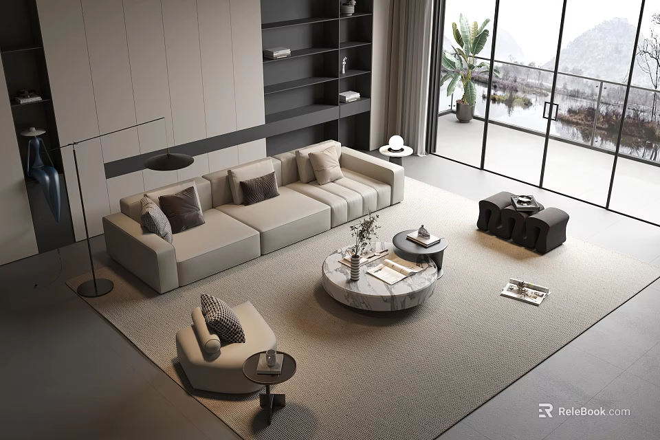 Modern Minimalist Beige Sectional Sofa And Round Marble Coffee Table Set For Spacious Bright Living Room 3d model 