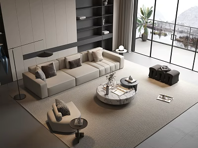 Modern Minimalist Beige Sectional Sofa And Round Marble Coffee Table Set For Spacious Bright Living Room 3d model