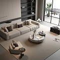 Modern Minimalist Beige Sectional Sofa And Round Marble Coffee Table Set For Spacious Bright Living Room