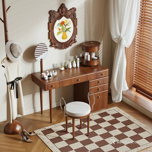 Vintage Wooden Dressing Table With Drawers Cosmetics Mirror Chair And Checkered Rug 3d model 