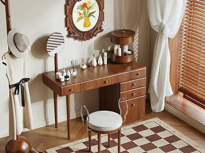 Vintage Wooden Dressing Table With Drawers Cosmetics Mirror Chair And Checkered Rug 3d model