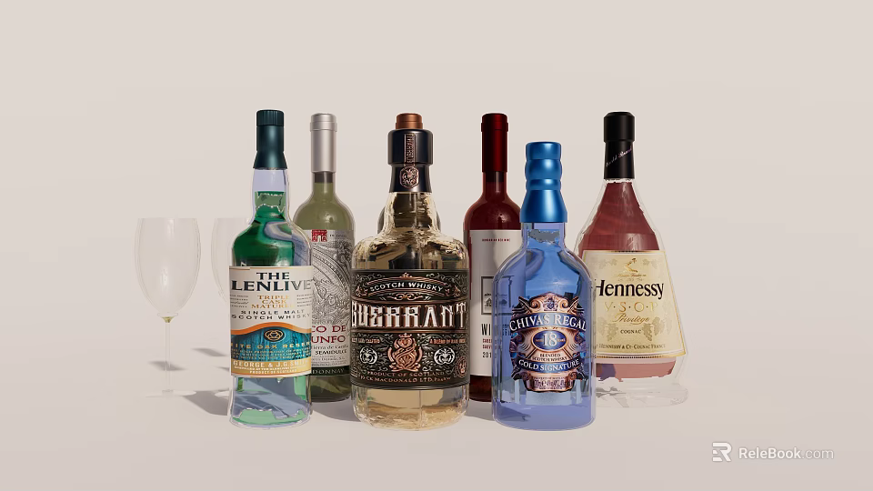 Colorful Assorted Liquor Bottles And Wine Glass Display On White Surface 3d model 