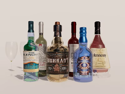 Colorful Assorted Liquor Bottles And Wine Glass Display On White Surface 3d model