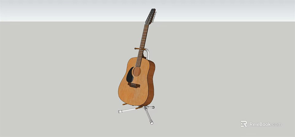 Natural Wooden Acoustic Guitar On Metal Stand Classic Musical Instrument Design 3d model 
