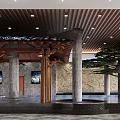 Traditional SPA Sauna Interior With Large Tree Stone Wall Wooden Ceiling And Water Pool