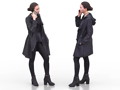 Stylish Women Talking on Phone in Black Coats Leggings and High Heel Boots 3d model