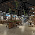 Spacious Restaurant Interior With Wooden Ceiling Hanging Green Plants Large Windows And Bar Area