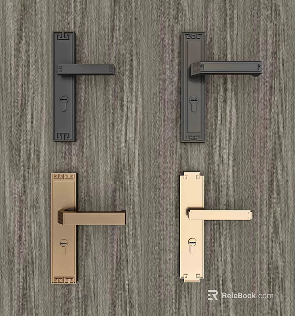Modern Metal Door Handles in Black and Gold Finish on Wooden Texture Background 3d model 