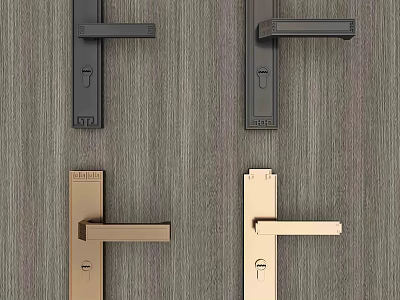 Modern Metal Door Handles in Black and Gold Finish on Wooden Texture Background 3d model