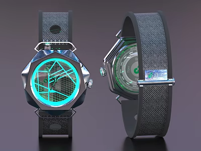 Modern Tech Watch With Glowing Blue Dial Black Mesh Strap And Transparent Case Back 3d model