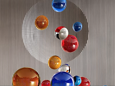 Colorful Spherical Metal Sculptures With Glossy Surface And Modern Striped Background 3d model