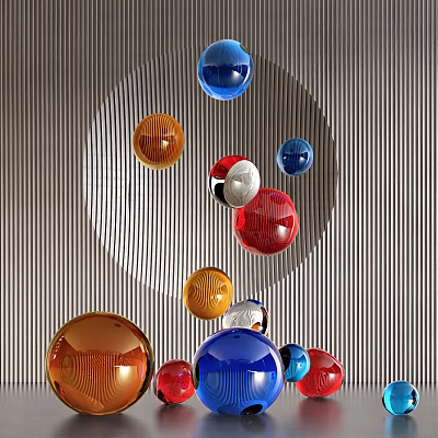 Colorful Spherical Metal Sculptures With Glossy Surface And Modern Striped Background 3d model