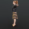 Woman Wearing Black Leather Jacket Striped Yellow Black Dress Yellow High Heels with Arms Outstretched