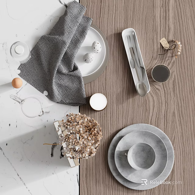 Modern Dinnerware Set Including White Plates Gray Napkin Cutlery And Dried Flower Accents 3d model 