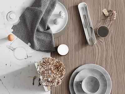 Modern Dinnerware Set Including White Plates Gray Napkin Cutlery And Dried Flower Accents 3d model