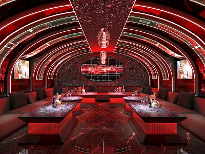 Stylish KTV Interior Design With Red Curved Lighting Leather Sofas And Glass Tables 3d model