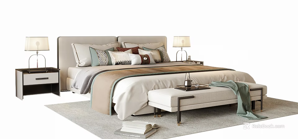 Modern Cozy Double Bed With Multiple Pillows Nightstands Table Lamps And Bench 3d model