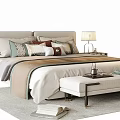 Modern Cozy Double Bed With Multiple Pillows Nightstands Table Lamps And Bench 3d model