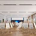 School Art Classroom With Easels And Sketch Artworks 3d model