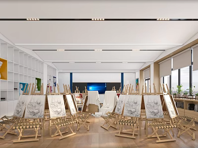 School Art Classroom With Easels And Sketch Artworks 3d model