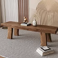 Long Wooden Bench On Striped Rug With Books Decorative Items Plants And Wall Art
