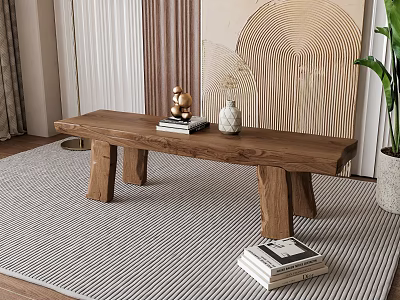 Long Wooden Bench On Striped Rug With Books Decorative Items Plants And Wall Art 3d model