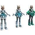 Three Women Anime Figure Display in Different Colored Outfits with Twin Tails and Long Boots