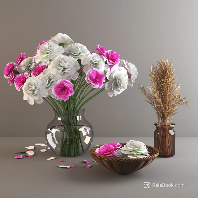 Transparent Glass Vase with Pink and White Carnations Wheat Stalks and Petals in Wooden Bowl 3d model 