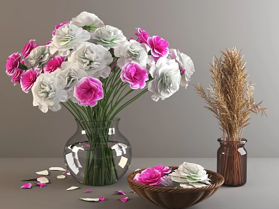 Transparent Glass Vase with Pink and White Carnations Wheat Stalks and Petals in Wooden Bowl 3d model