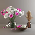 Transparent Glass Vase with Pink and White Carnations Wheat Stalks and Petals in Wooden Bowl