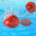 Fresh Red Apples Falling Into Blue Water With Splashes And Sky 3d model