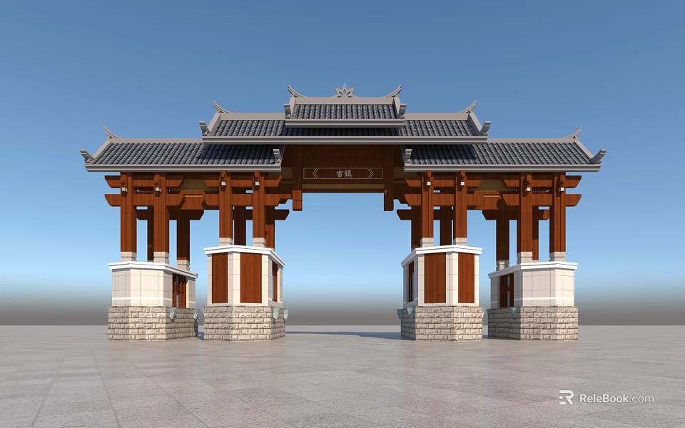 Traditional Chinese Archway with Classic Black Tile Roof Brown Wooden Columns and Stone Base Central Plaque 3d model 