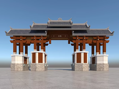 Traditional Chinese Archway with Classic Black Tile Roof Brown Wooden Columns and Stone Base Central Plaque 3d model