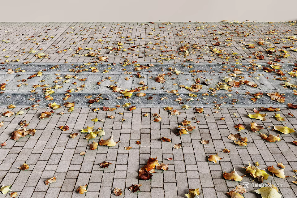 Fallen Leaves Scattered On Brick Paved Ground With Autumn Hues 3d model 