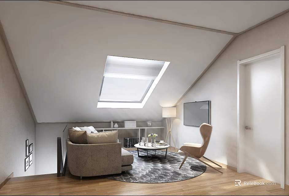 Modern Attic Living Space With Skylight Sofa Armchair Round Rug And Wooden Floor 3d model 