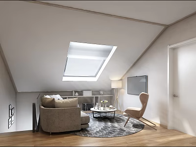 Modern Attic Living Space With Skylight Sofa Armchair Round Rug And Wooden Floor 3d model