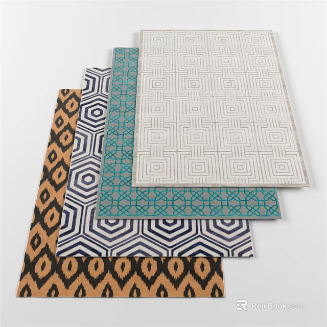 Square Rugs With Various Geometric Patterns And Colorful Borders For Home Decor 3d model