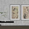Traditional Chinese Paintings With Bamboo Orchid Calligraphy On Beige Wall Black Shelf White Vase