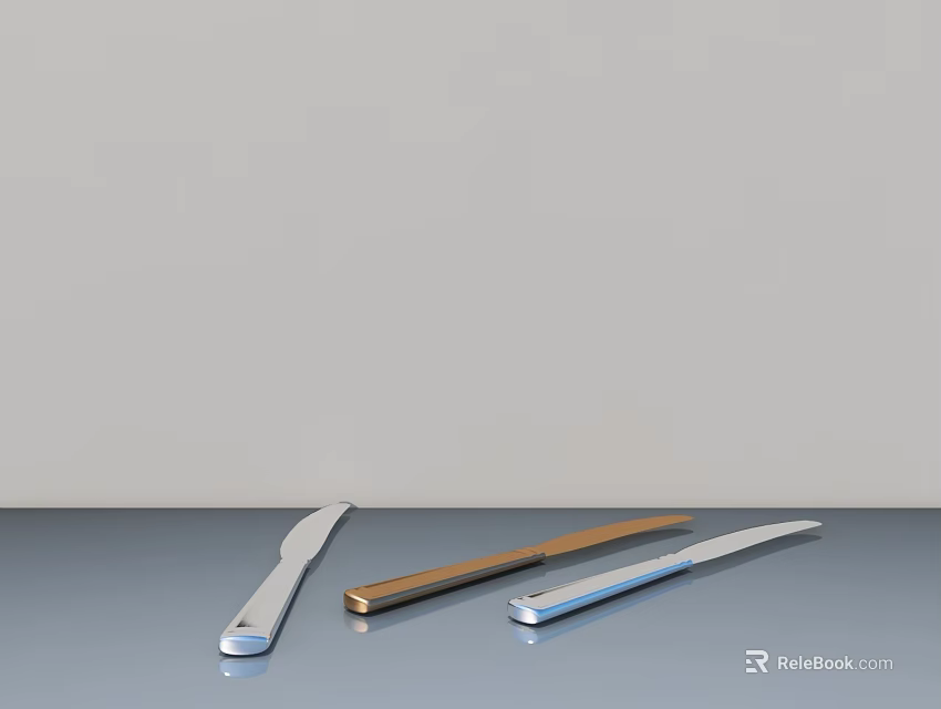 Modern Desk Setup With Blue Tabletop Silver Knives And Brown Wooden Box 3d model 