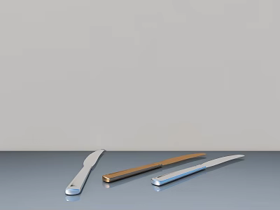 Modern Desk Setup With Blue Tabletop Silver Knives And Brown Wooden Box 3d model