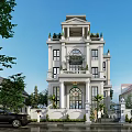 Elegant White Detached Villa Featuring Arched Windows Multi Story Design And Landscaped Garden
