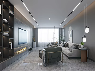 Modern Living Dining Room Interior With TV Wall Sofa Coffee Table And Pendant Lights 3d model