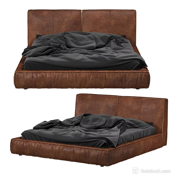 Modern Brown Leather Double Bed with Upholstered Headboard and Dark Bedding 3d model